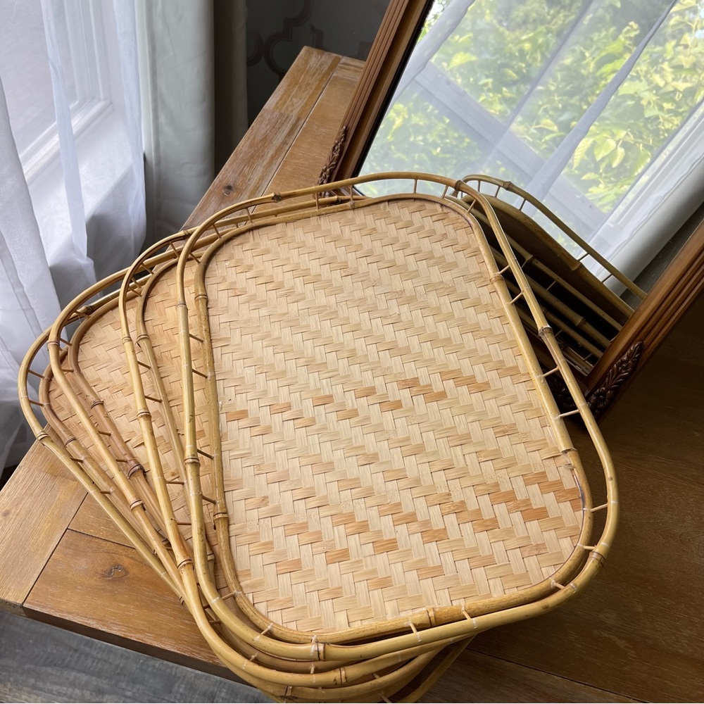 Vintage Mid-Century Bamboo & Wicker Serving Trays